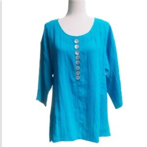 Fridaze Linen Top Small Oversized Lagenlook Coastal Grandma Aqua Blue Spring